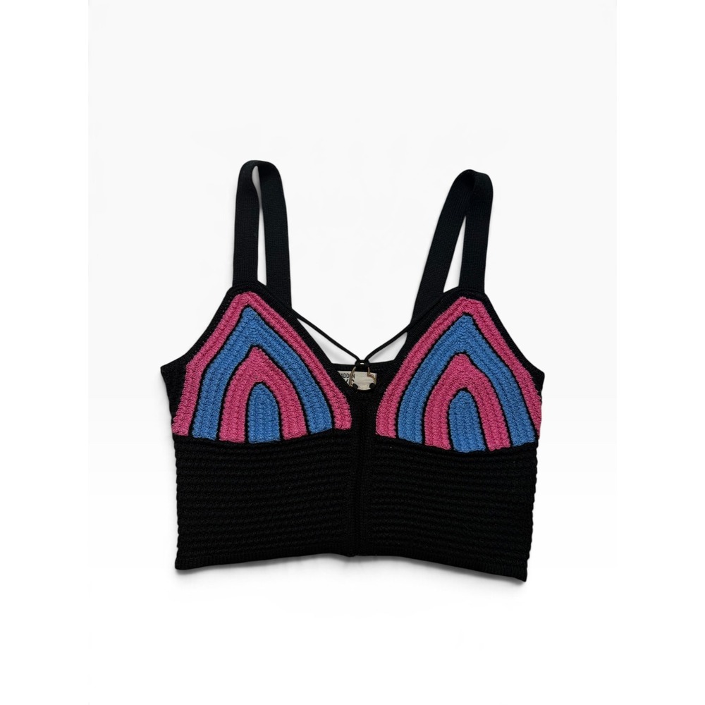 Madden NYC Womens Knit Crop Top Black Pink Blue Chevron Lace Up Small Y2K